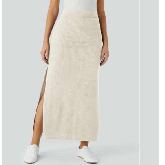 Halara Ribbed High Waisted A-Line Maxi Skirt Whisper White Beige Small NWOT - Picture 1 of 8